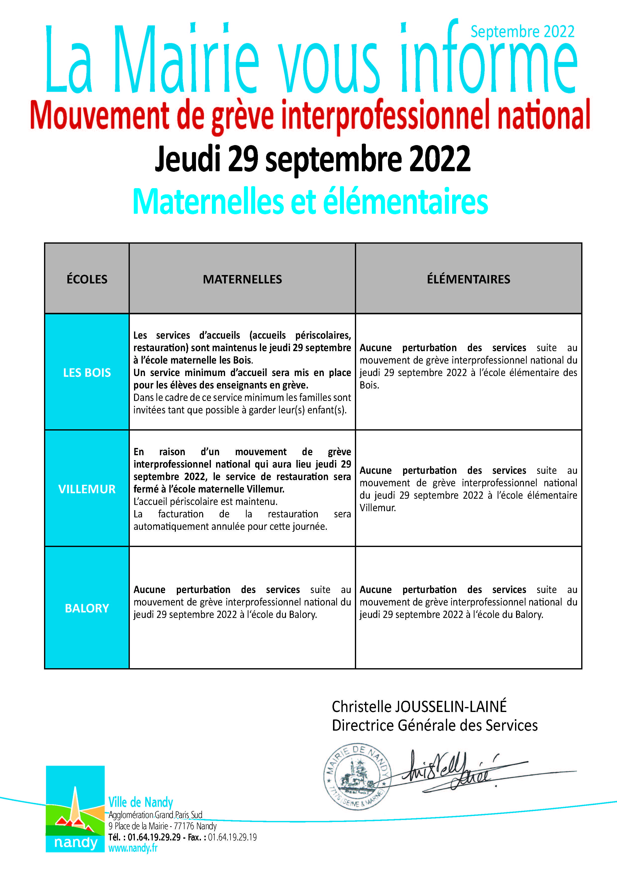 Tableau La Mairie vous informe grève 29 septembre 2022