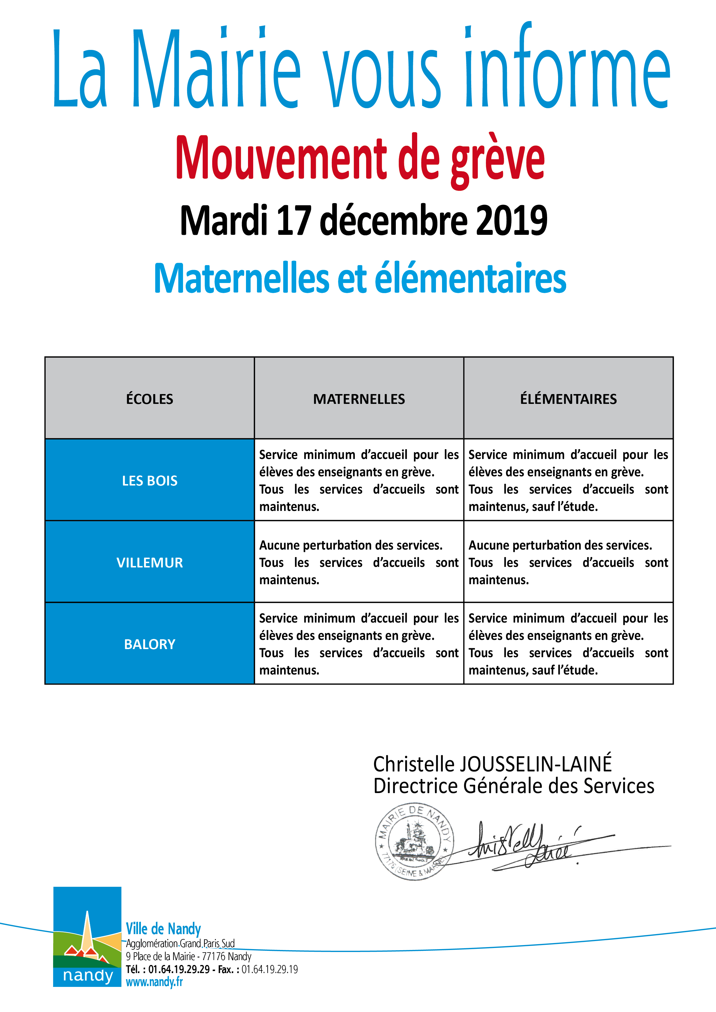 La Mairie vous informe grève mardi 17 décembre 2019