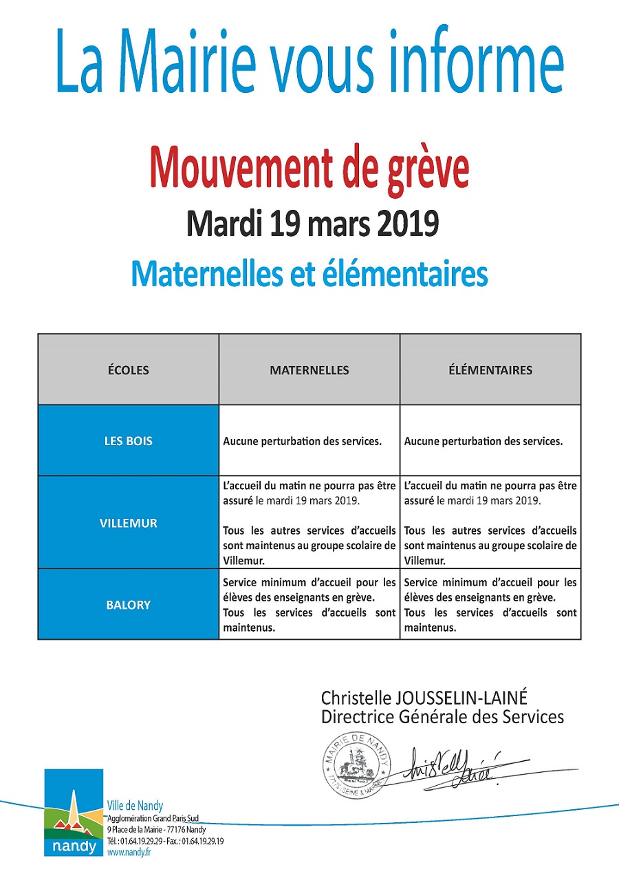 La Mairie vous informe grève mardi 19 mars 2019 V2