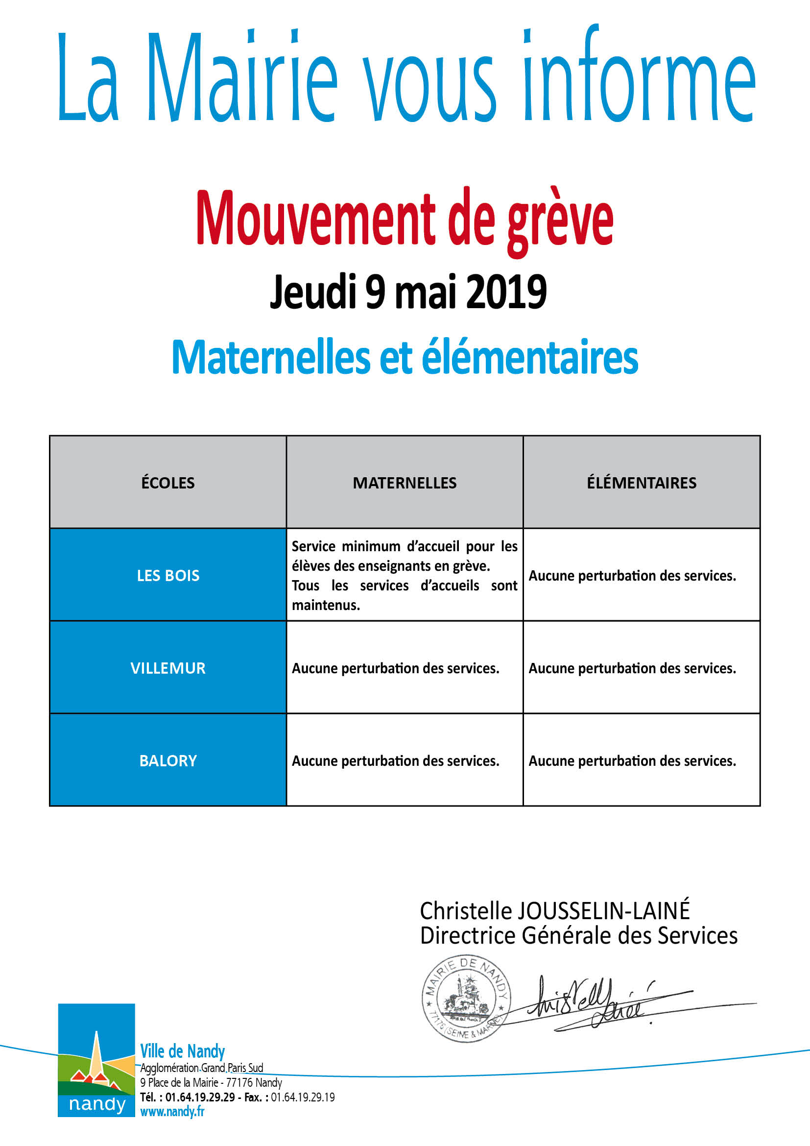 La Mairie vous informe grève mardi 9 mai 2019