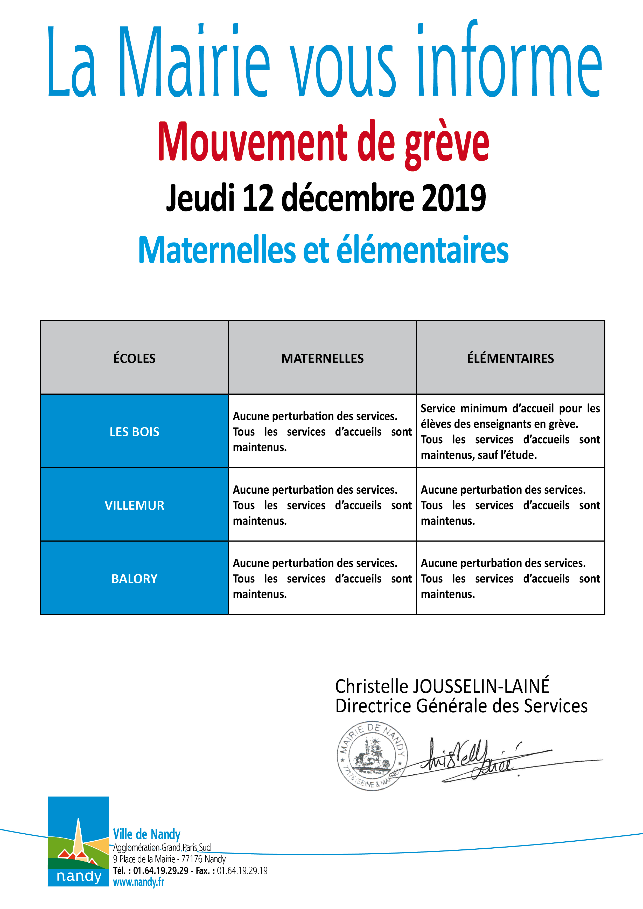 La Mairie vous informe grève mardi 12 décembre 2019