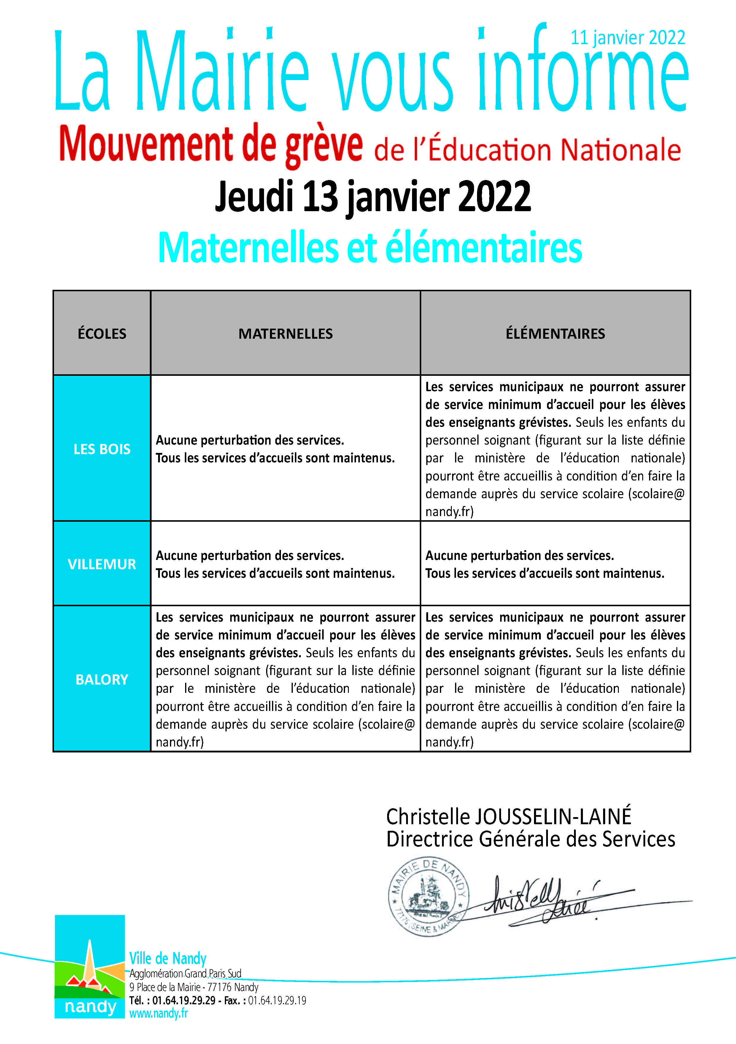 Tableau La Mairie vous informe grève 13 janvier 2022